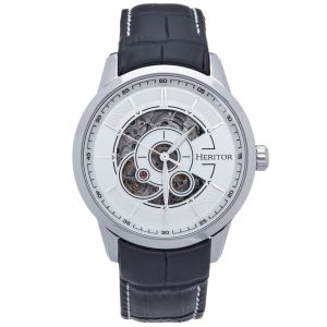 Heritor Computerized Mens Davies Semi-Skeleton Leather-based-Band Watch – White – One Dimension
