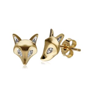 Gardenia White Sapphire Fox Earrings In 9ct Yellow Gold