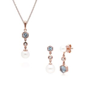 Fashionable Pearl, Aquamarine & Topaz Pendant & Earring Set in Rose Gold Plated Silver