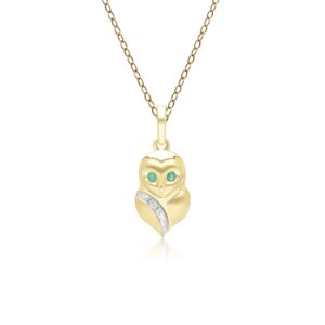 Gardenia Emerald and White Sapphire Owl Pendant Necklace in 9ct Yellow Gold