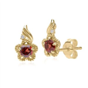 Floral Spherical Garnet & Diamond Stud Earrings in 9ct Yellow Gold