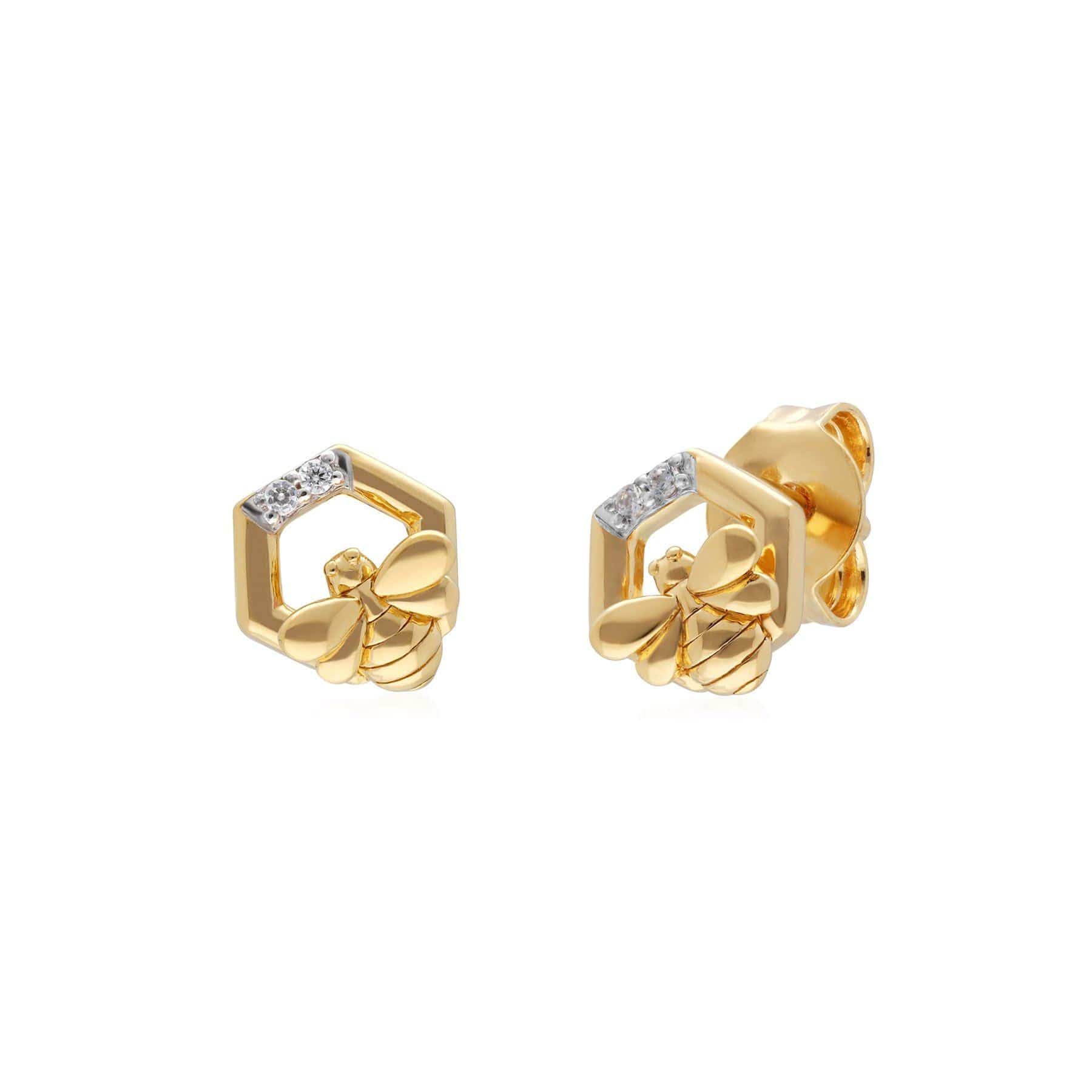 Honeycomb Impressed Diamond Hexagon Bee Earrings in 9ct Yellow Gold
