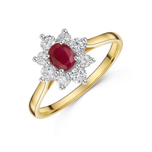 9ct Yellow Gold Oval Ruby and Spherical Good Lab Grown Diamond Cluster Ring