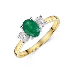 9YG 0.70ct Oval Minimize Emerald and zero.50ct Oval Lab Grown Diamond 3 Stone Ring