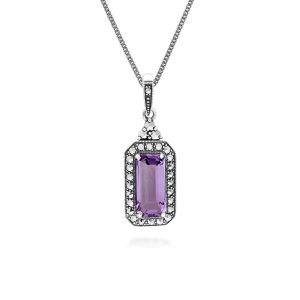 Artwork Deco Impressed Octagon Minimize Amethyst & Marcasite Pendant Necklace in Sterling Silver