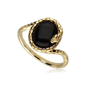 ECFEW™ Onyx Winding Snake Ring In Gold Plated Sterling Silver