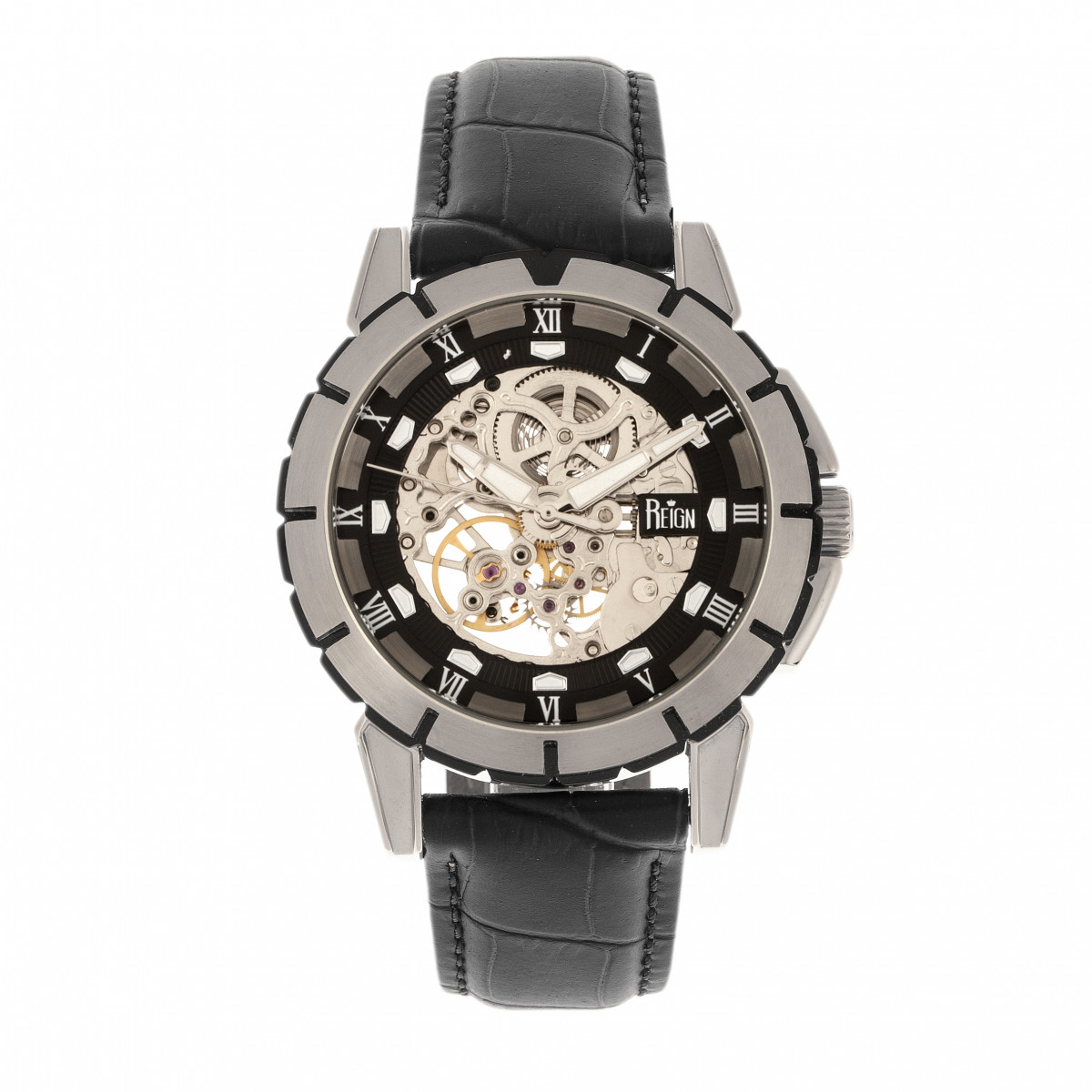 Reign Mens Philippe Computerized Skeleton Leather-based-Band Watch - Silver Stainless Metal - One Dimension