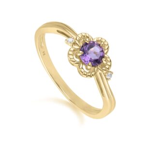 Floral Spherical Amethyst & Diamond Ring in 9ct Yellow Gold
