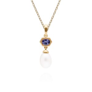 Fashionable Pearl & Tanzanite Hexagon Drop Pendant in Gold Plated Silver