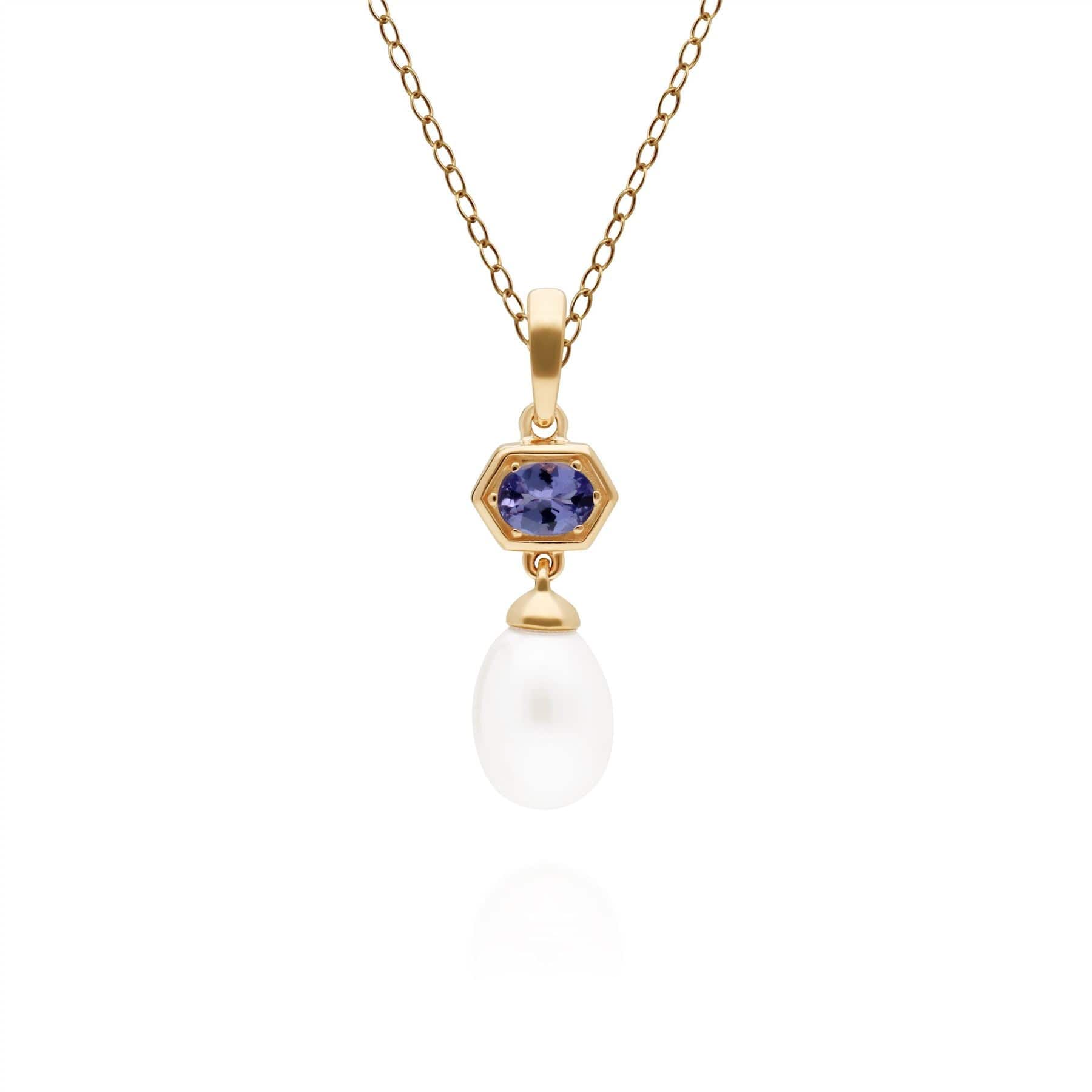 Fashionable Pearl & Tanzanite Hexagon Drop Pendant in Gold Plated Silver