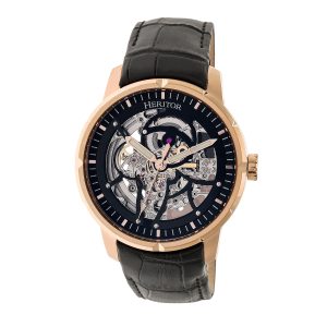Heritor Computerized Mens Ryder Skeleton Leather-based-Band Watch – Black & Rose Gold Stainless Metal – One Measurement