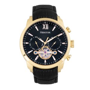 Heritor Automatic Mens Arthur Semi-Skeleton Leather-Band Watch w/ Day/Date – Black/Gold Stainless Steel – One Size