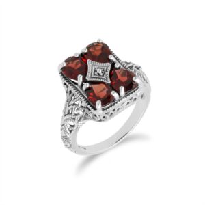 Artwork Nouveau Impressed Garnet Observation Ring in 925 Sterling Silver