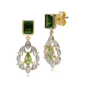 ECFEW™ Author Chrome Diopside & Peridot Floral Drop Earrings in Gold Plated Sterling Silver