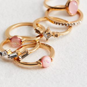 6 Pack Gold Stone Diamanté Gem Rings New Glance