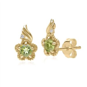 Floral Spherical Peridot & Diamond Stud Earrings in 9ct Yellow Gold