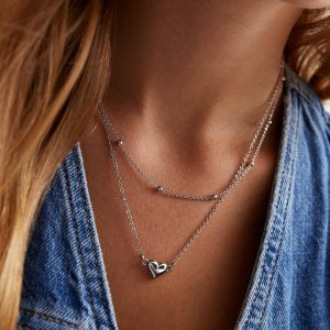 Silver Middle & Ball 2 Row Layered Chain Necklace New Glance