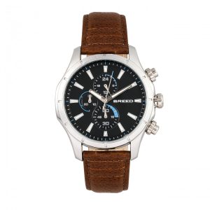 Breed Mens Lacroix Chronograph Leather-based-Band Watch – Silver & Brown Stainless Metal – One Dimension