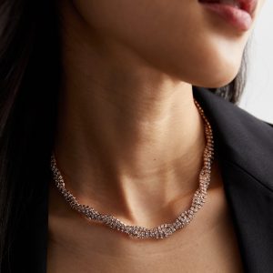 Rose Gold Diamanté Plaited Necklace New Glance