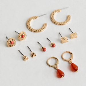 9 Pack Vivid Orange Blended Resin Hoop and Stud Earrings New Glance