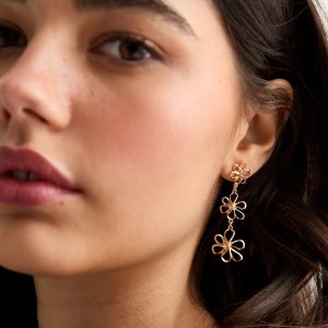 Gold Triple Flower CutOut Chain Drop Earrings New Glance