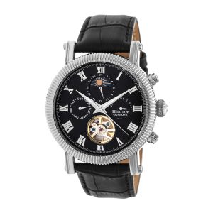 Heritor Computerized Mens Winston Semi-Skeleton Leather-based-Band Watch – Black & Silver Stainless Metal – One Dimension