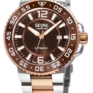 Gevril Mens RiverSide Swiss Automatic Watch, IPRG Bezel, Brown Ceramic Ring, Glossy Dial, Two toned SS/IPRG Stainelss Steel Bracelet – Silver & Gold – One Size