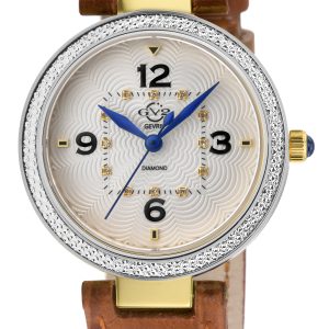 Gevril GV2 WoMens Piemonte Swiss Quartz White dial, Diamond Watch, Genuine Handmade Italian Brown Leather – One Size