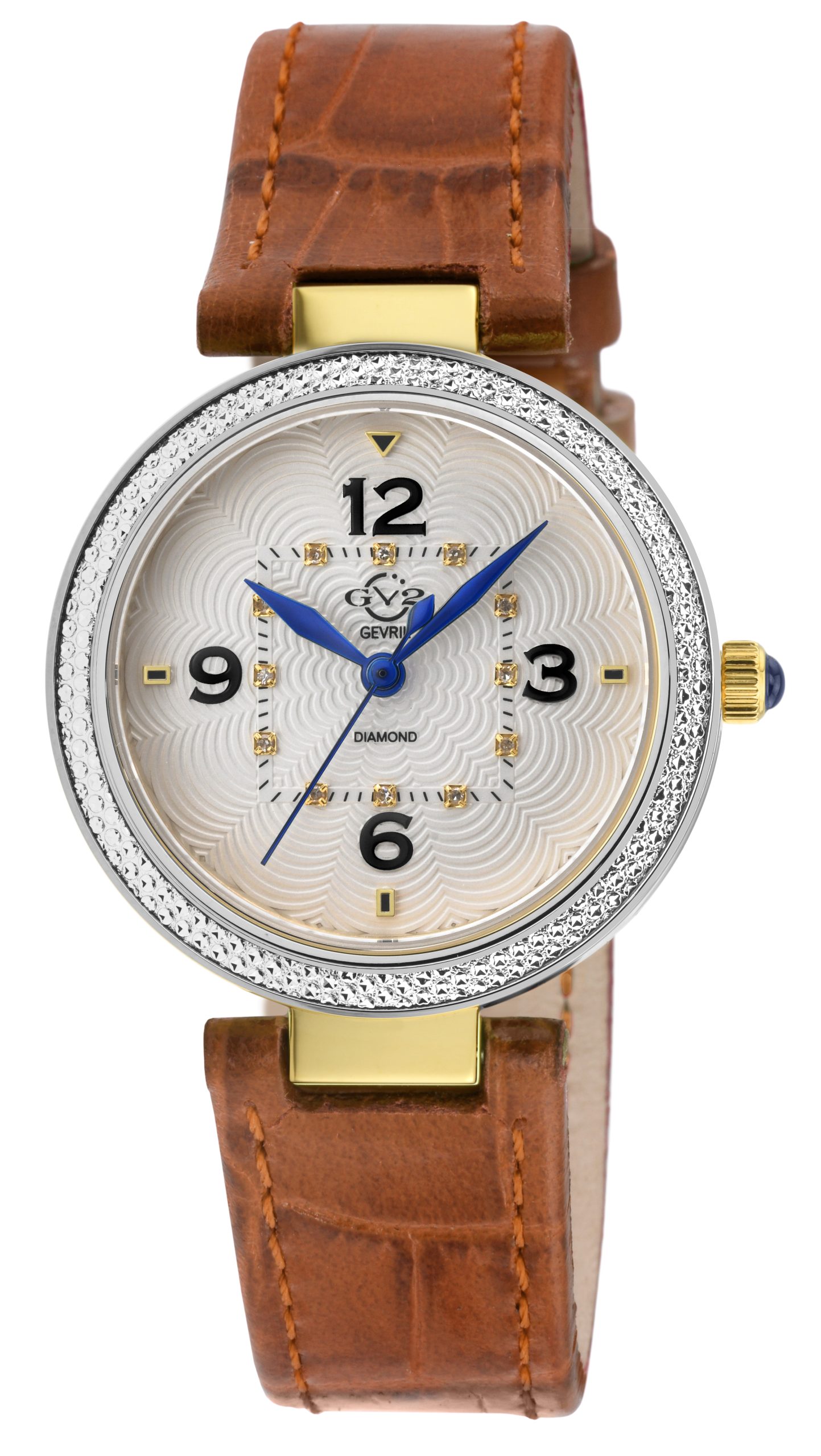 Gevril GV2 WoMens Piemonte Swiss Quartz White dial, Diamond Watch, Genuine Handmade Italian Brown Leather - One Size