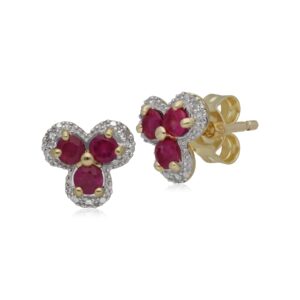 Vintage Floral Ruby & Diamond Stud Earrings in 9ct Yellow Gold