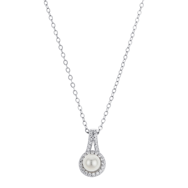 Argento Silver Crystal Pearl Halo Pendant Necklace - Silver