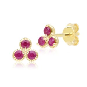 Floral Ruby 3 Stone Stud Earrings in 9ct Yellow Gold