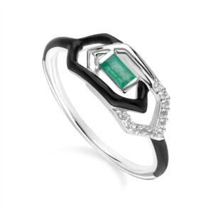 Grand Deco Teeth, White Topaz & Emerald Hyperlink Ring in 9ct White Gold