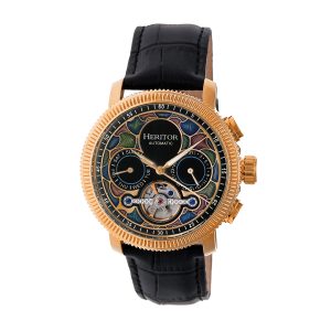 Heritor Automated Air of mystery Mens Semi-Skeleton Leather-based-Band Watch – Black & Rose Gold Stainless Metal – One Measurement