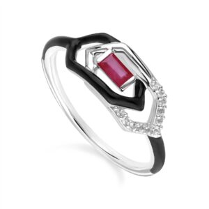 Grand Deco Tooth, White Topaz & Ruby Hyperlink Ring in 9ct White Gold