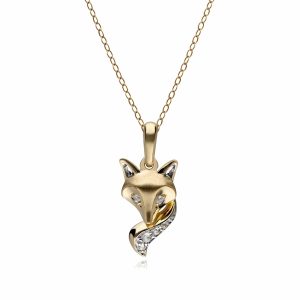 Gardenia White Sapphire Fox Pendant Necklace In 9ct Yellow Gold