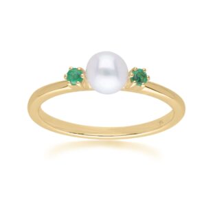 Fashionable Pearl & Spherical Emerald Ring in 9ct Yellow Gold