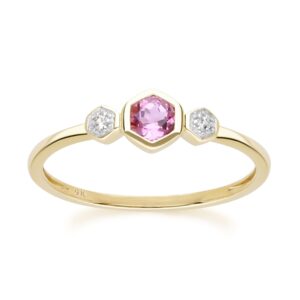 Geometric Spherical Red Tourmaline and Sapphire Ring in 9ct Yellow Gold