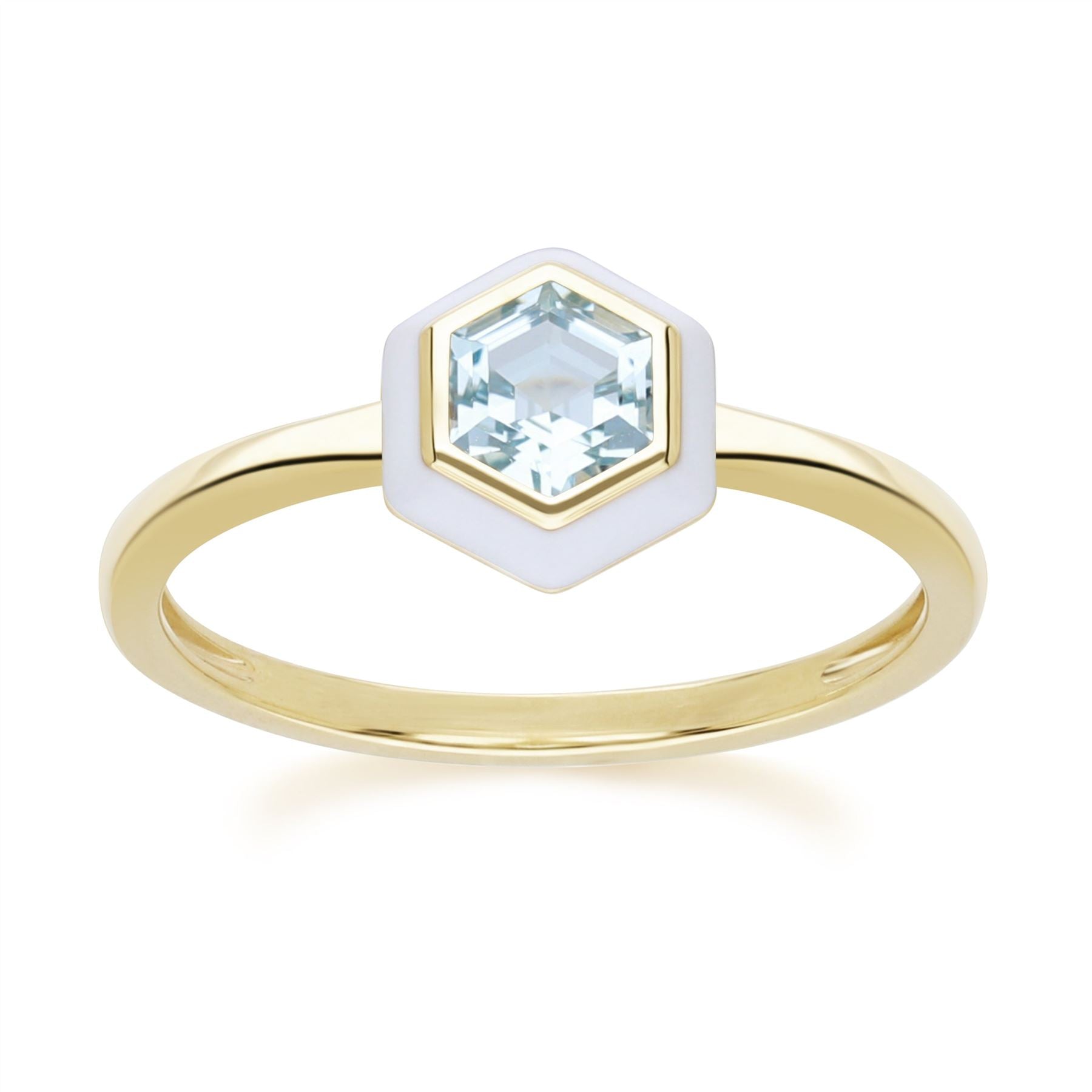 Geometric Hex Blue Topaz and White Tooth Ring in Gold Plated Sterling Silver