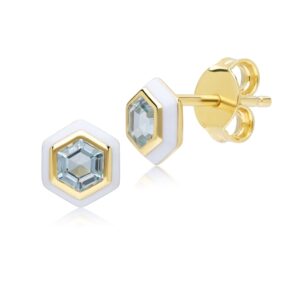 Geometric Hex Blue Topaz and White Teeth Stud Earrings in Gold Plated Sterling Silver