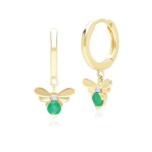 Honeycomb Impressed Emerald and Diamond Bee Hoop Earrings in 9ct Yellow Gold