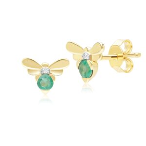 Honeycomb Impressed Emerald and Diamond Bee Stud Earrings in 9ct Yellow Gold