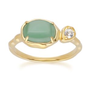 Abnormal Oval Dyed Inexperienced Jade & Topaz Ring In 18ct Gold Plated SterlIng Silver