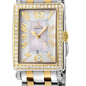 Gevril Ave of Americas Mini WoMens Swiss Quartz Two toned IPYG Stainless Steel Diamond Case, White MOP Dial Watch – Silver & Gold – One Size