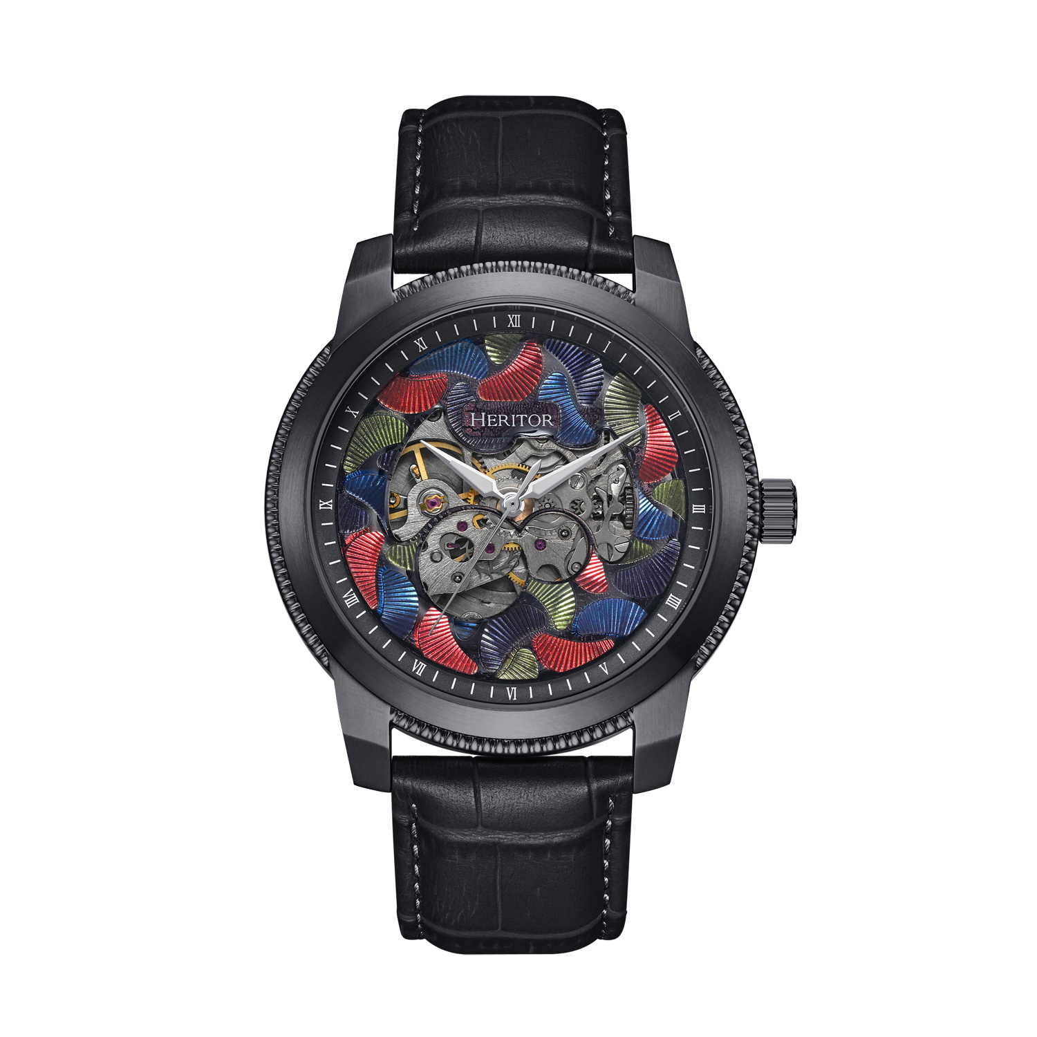Heritor Computerized Mens Emmanuel Semi-Skeleton Leather-based-Band Watch - Black Stainless Metal - One Dimension