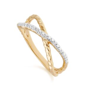 Diamond Pavé Hammered Crossover Ring in 9ct Yellow Gold