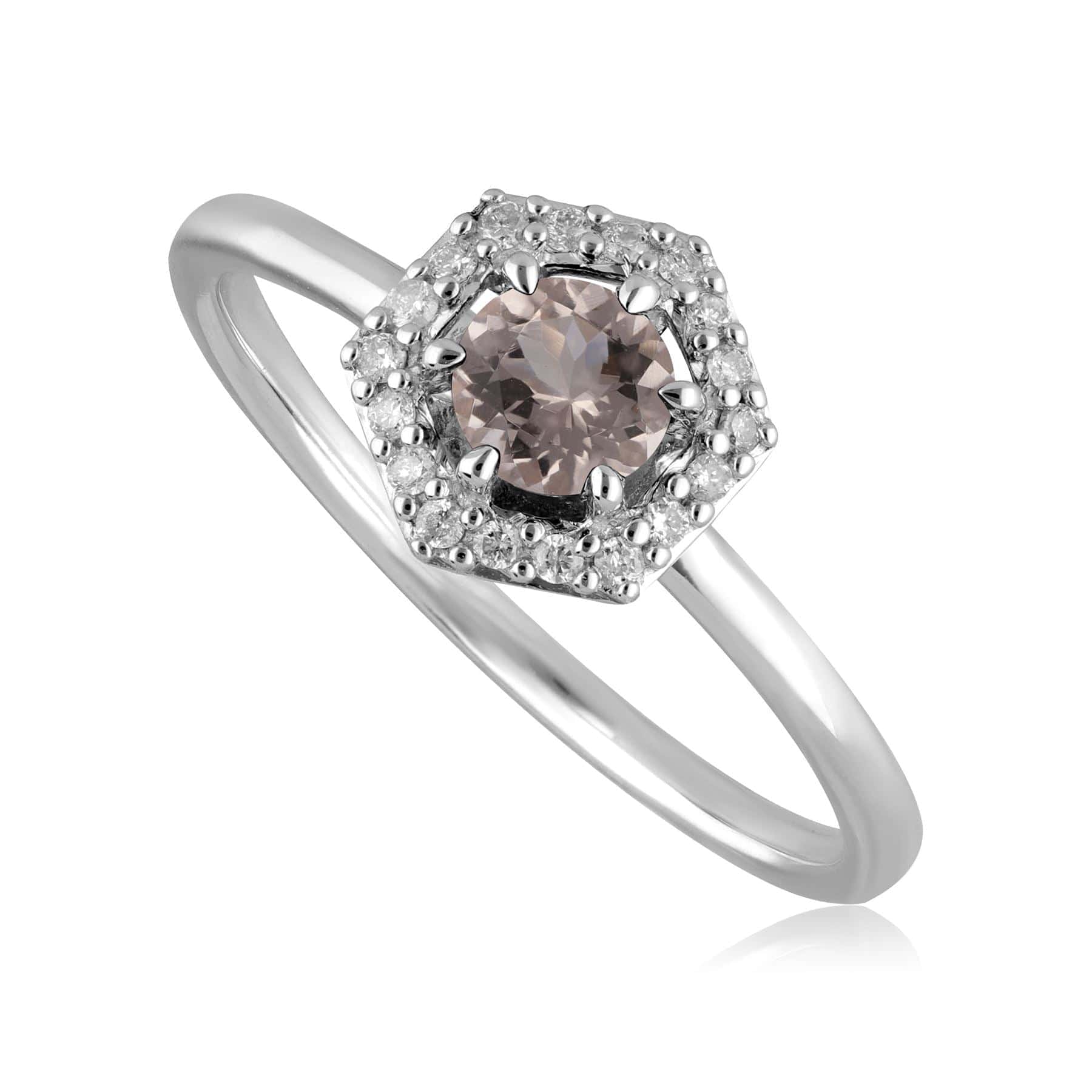 9ct White Gold 0.556ct Morganite & Diamond Halo Hexagon Ring