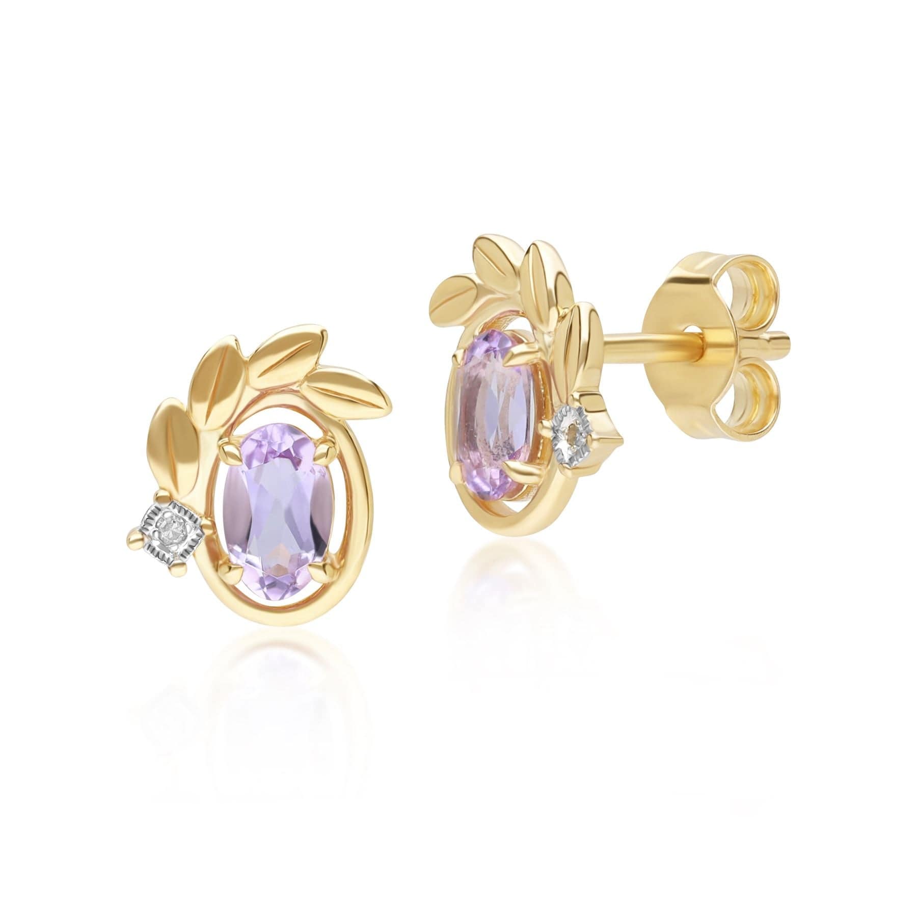 O leaf Purple Amethyst & Diamond Stud Earrings In 9ct Yellow Gold