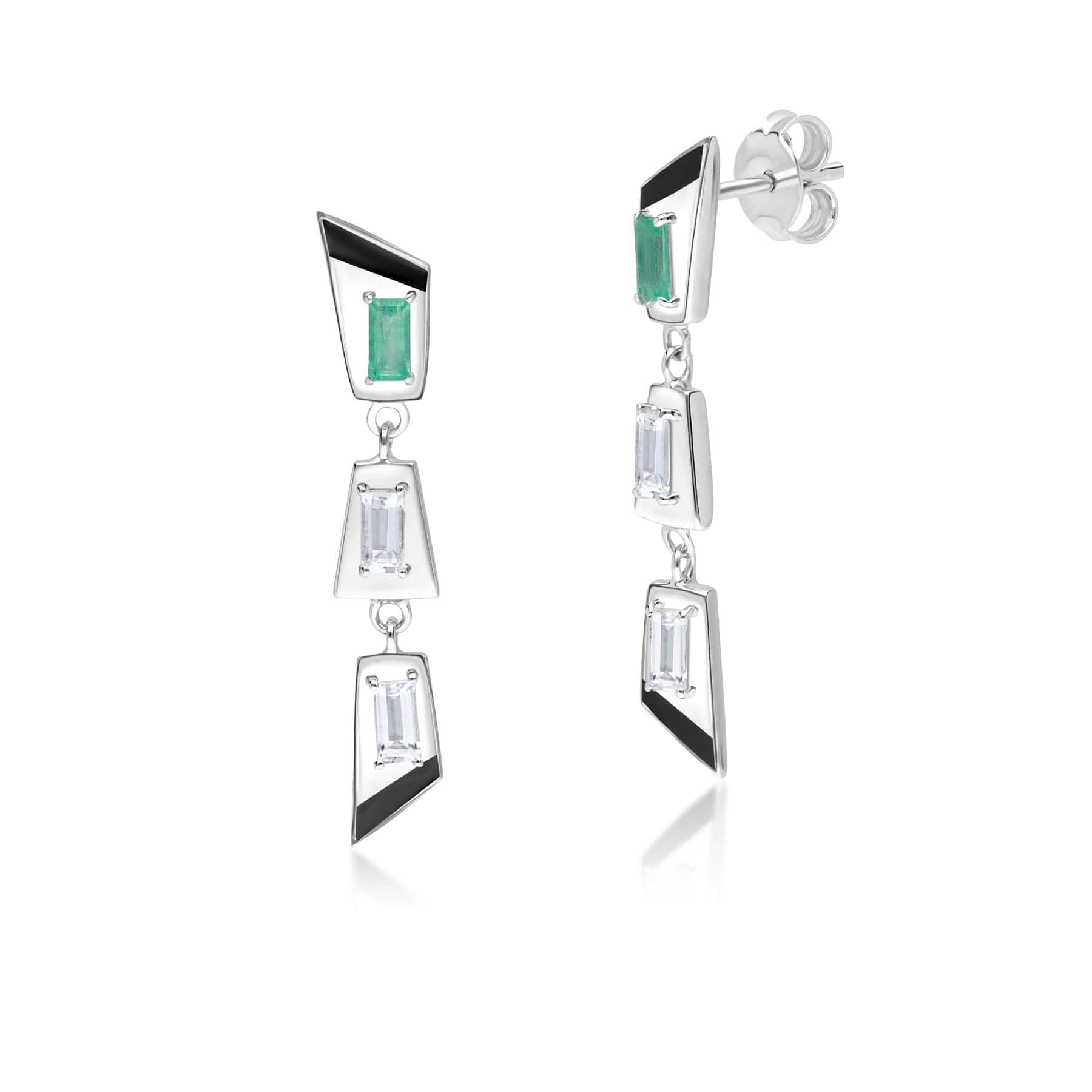 Grand Deco Emerald & White Topaz Unfashionable Drop Earrings In Sterling Silver
