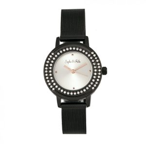 Sophie & Freda Womens Cambridge Bracelet Watch w/Swarovski Crystals – Black Stainless Steel – One Size